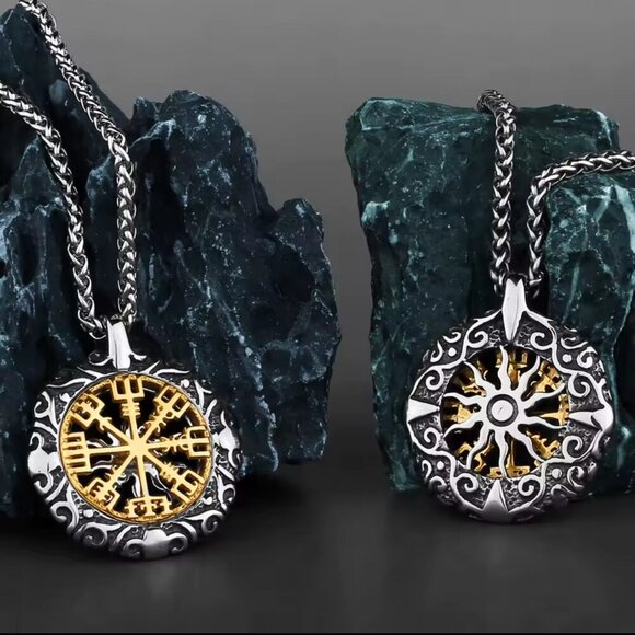 Vegvisir Compass Viking Rune Pendant - Two Tone Stainless Steel #1541 - Picture 1 of 5